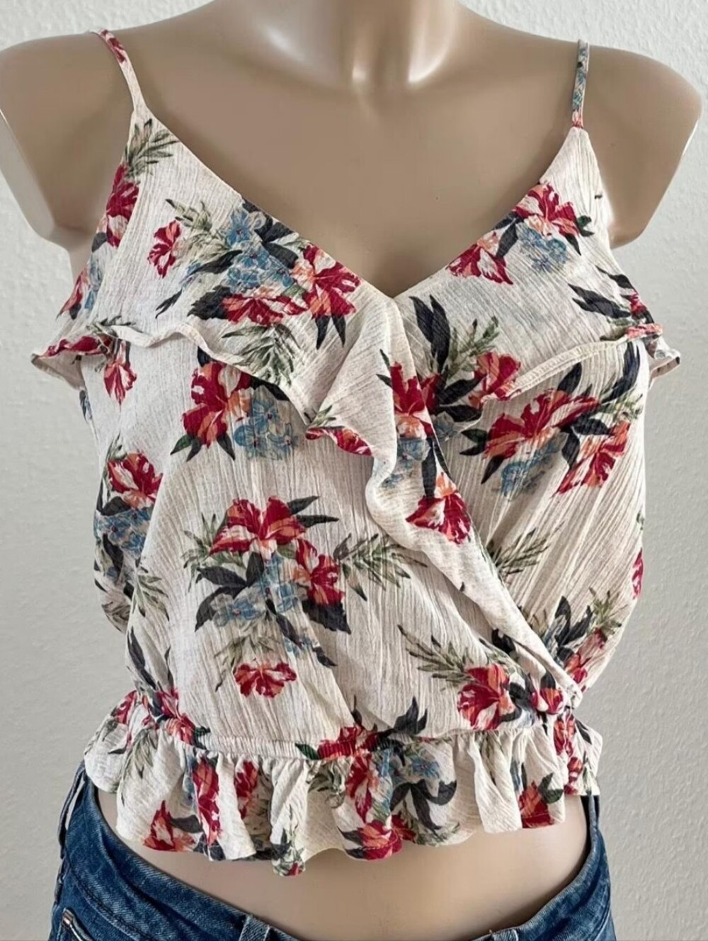 Floral Ruffle Wrap Crop Top - White with Red & Blue Flowers